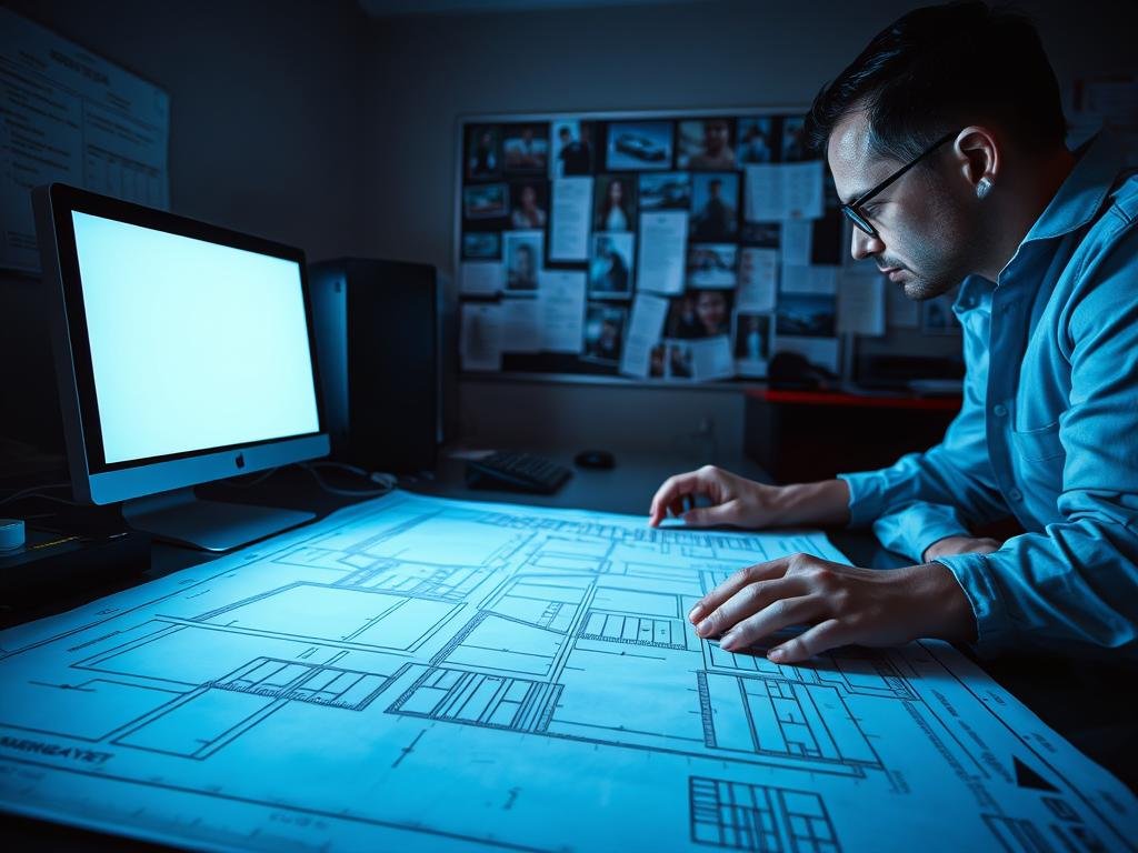 A dimly lit police station office, focused on a forensic investigator examining evidence from a car accident. The scene is illuminated by the glow of a computer screen, casting a soft, bluish light across the desk. In the middle ground, a detailed blueprint of the accident site, with measurements and skid marks, is spread out. In the background, a wall-mounted evidence board displays various photos, reports, and witness statements. The atmosphere is one of intense focus and attention to detail, as the investigator meticulously pieces together the events leading up to the incident. A dimly lit police station office, focused on a forensic investigator examining evidence from a car accident. The scene is illuminated by the glow of a computer screen, casting a soft, bluish light across the desk. In the middle ground, a detailed blueprint of the accident site, with measurements and skid marks, is spread out. In the background, a wall-mounted evidence board displays various photos, reports, and witness statements. The atmosphere is one of intense focus and attention to detail, as the investigator meticulously pieces together the events leading up to the incident.