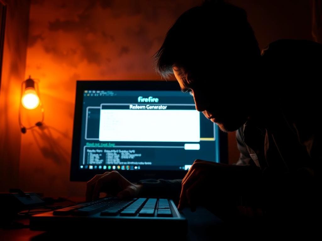 A dimly lit room, the glow of a computer screen casting an eerie light. On the screen, a complex interface with a prominent "Fire Fire Redeem Code Generator" label. The foreground is dominated by a frustrated user, hands hovering over the keyboard, brow furrowed in concentration. The background is hazy, suggesting the overwhelming amount of information and misinformation surrounding this topic. Dramatic shadows and highlights create a sense of tension and unease. The overall atmosphere conveys the user's dilemma - the allure of a seemingly easy solution, juxtaposed with the uncertainty and potential risks of engaging with such a tool.