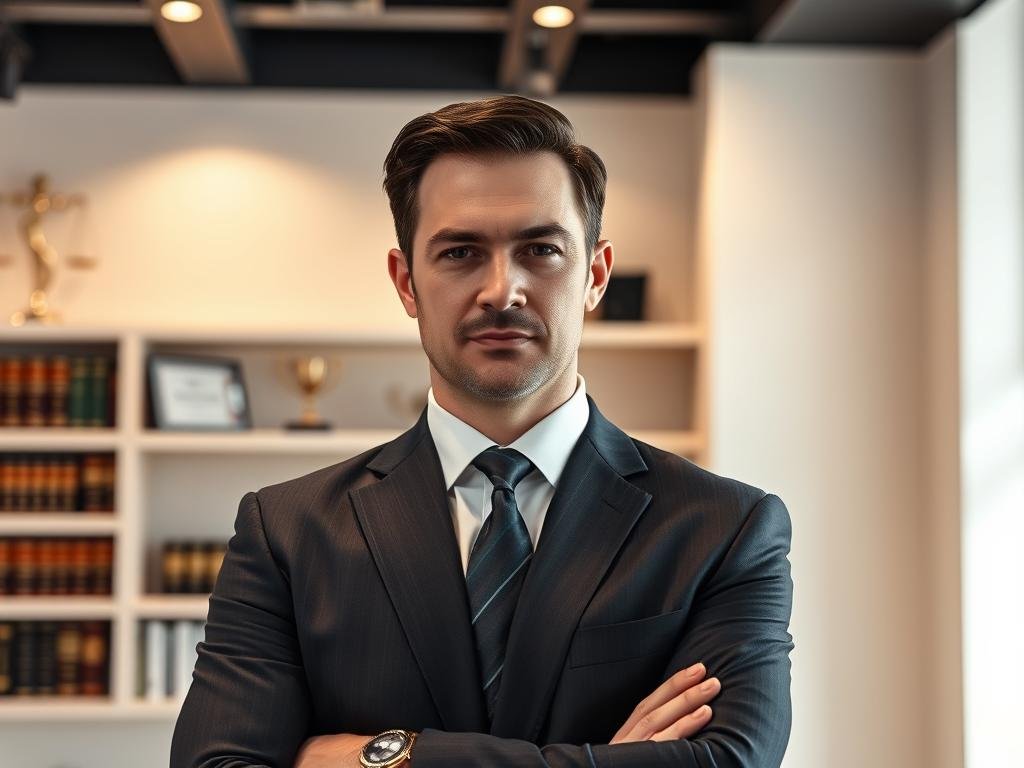 A sharply-dressed professional male attorney standing confidently in a modern, well-lit law office, with a backdrop of bookshelves and trophies indicating his expertise. The attorney's expression conveys a sense of authority and determination, suggesting his ability to effectively represent clients in car accident cases. The lighting is crisp and directional, highlighting the attorney's features and creating a sense of drama and importance. The overall mood is one of competence, reliability, and the promise of effective legal representation. A sharply-dressed professional male attorney standing confidently in a modern, well-lit law office, with a backdrop of bookshelves and trophies indicating his expertise. The attorney's expression conveys a sense of authority and determination, suggesting his ability to effectively represent clients in car accident cases. The lighting is crisp and directional, highlighting the attorney's features and creating a sense of drama and importance. The overall mood is one of competence, reliability, and the promise of effective legal representation.