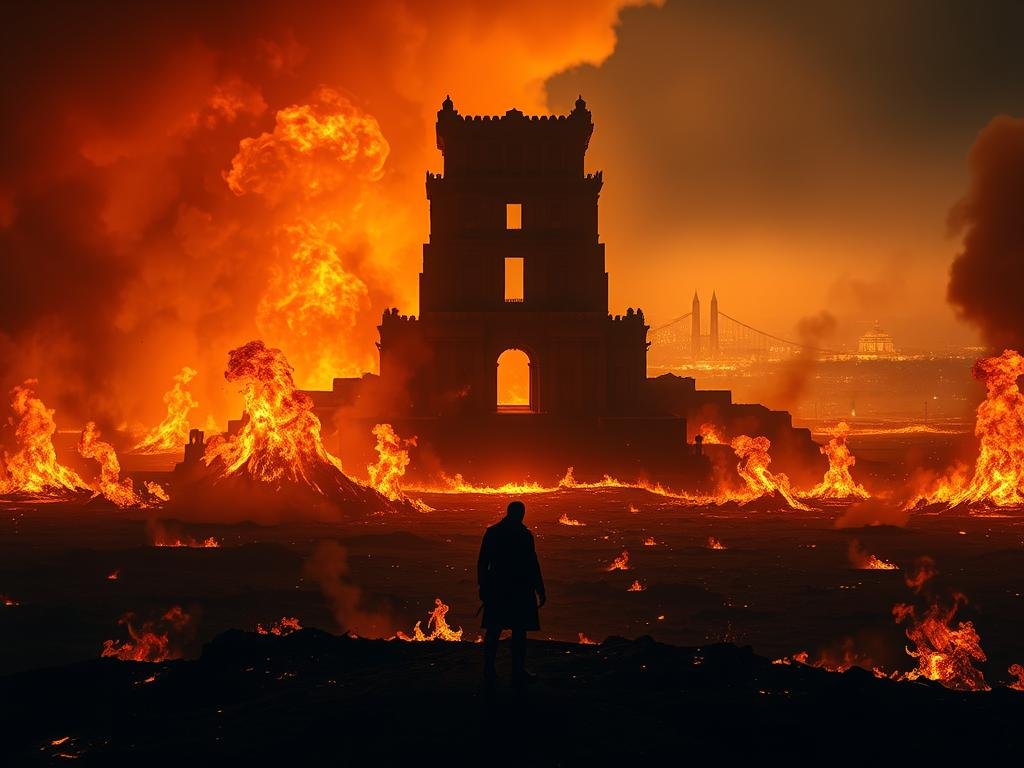 A vast, fiery landscape stretches before the viewer, illuminated by the warm glow of an intense blaze. In the foreground, a lone figure stands resolute, their silhouette backlit by the crackling flames. Tendrils of smoke curl and twist, creating a sense of movement and urgency. The middle ground is dominated by a towering, ancient structure, its once-grand facade now consumed by the relentless fire. Ominous shadows cast long, ominous shapes, adding to the sense of drama and tension. In the distance, a glowing horizon line hints at a world beyond the inferno, a promise of redemption and renewal. The lighting is dramatic, with sharp contrasts between light and dark, casting an almost cinematic quality to the scene. The overall mood is one of intensity, danger, and the promise of transformation.