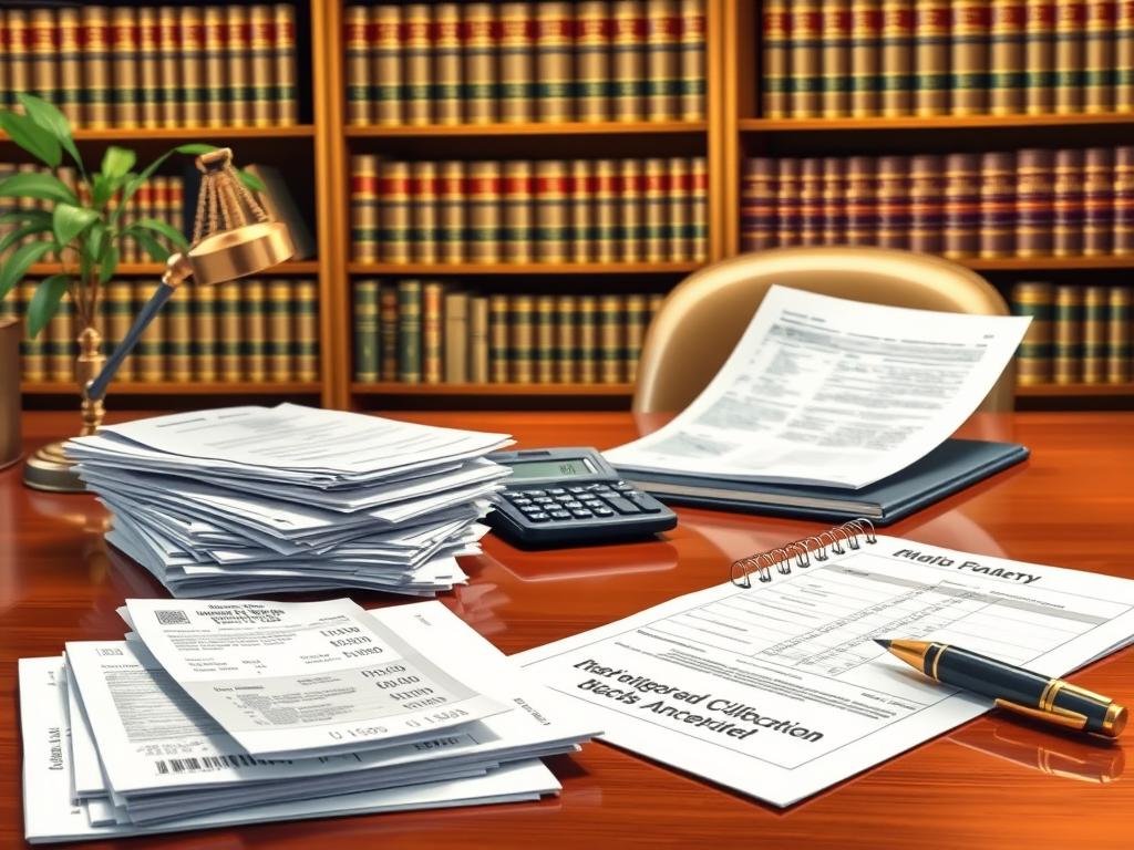 A well-lit, meticulously detailed illustration depicting the key elements in calculating fair compensation for an automobile accident. In the foreground, a stack of medical bills, receipts, and documents are neatly arranged on a polished wooden desk. In the middle ground, a calculator, pen, and legal notepad represent the analysis and calculations performed by an experienced automobile accident attorney. The background features a bookshelf filled with legal tomes, conveying the depth of knowledge required to navigate the complexities of fair compensation. The overall scene exudes a sense of professionalism, precision, and the pursuit of justice for the injured party. A well-lit, meticulously detailed illustration depicting the key elements in calculating fair compensation for an automobile accident. In the foreground, a stack of medical bills, receipts, and documents are neatly arranged on a polished wooden desk. In the middle ground, a calculator, pen, and legal notepad represent the analysis and calculations performed by an experienced automobile accident attorney. The background features a bookshelf filled with legal tomes, conveying the depth of knowledge required to navigate the complexities of fair compensation. The overall scene exudes a sense of professionalism, precision, and the pursuit of justice for the injured party.